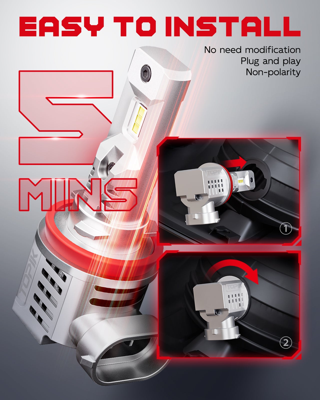 TOPIK H11/H9/H8 Light Bulbs, 20000LM 6000K White Halogen Replacement Low Beam Light Plug and Play, Pack of 2